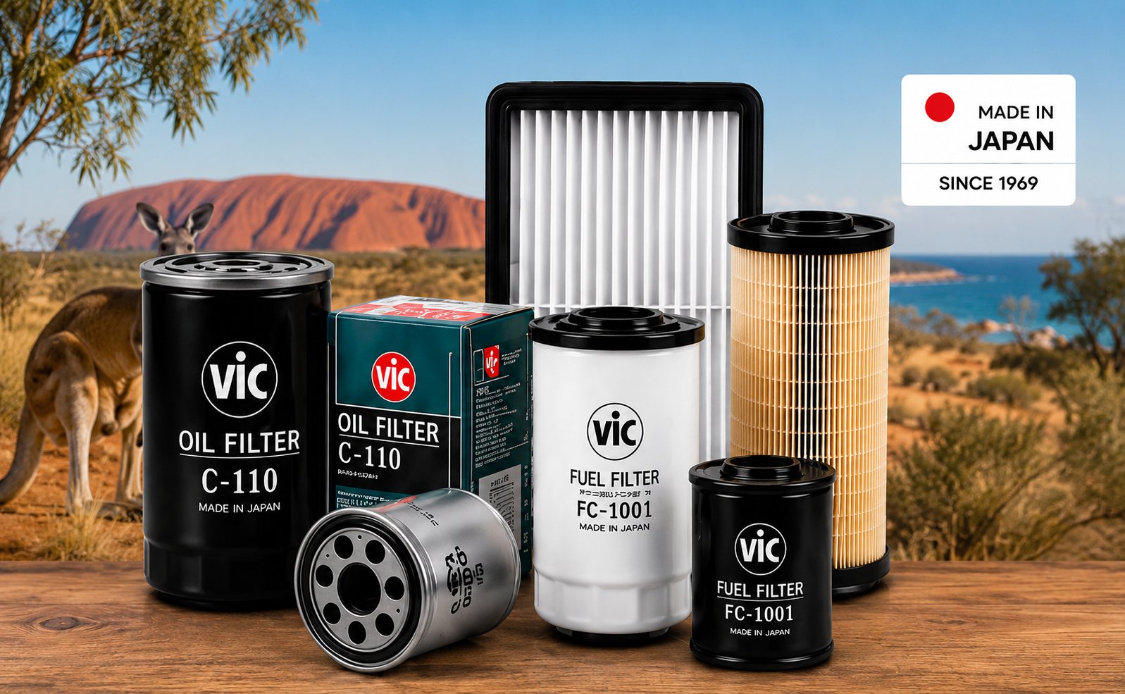 VIC oil, fuel, air and cabin filters displayed in the Australian outback, with the Made in Japan since 1969 seal
